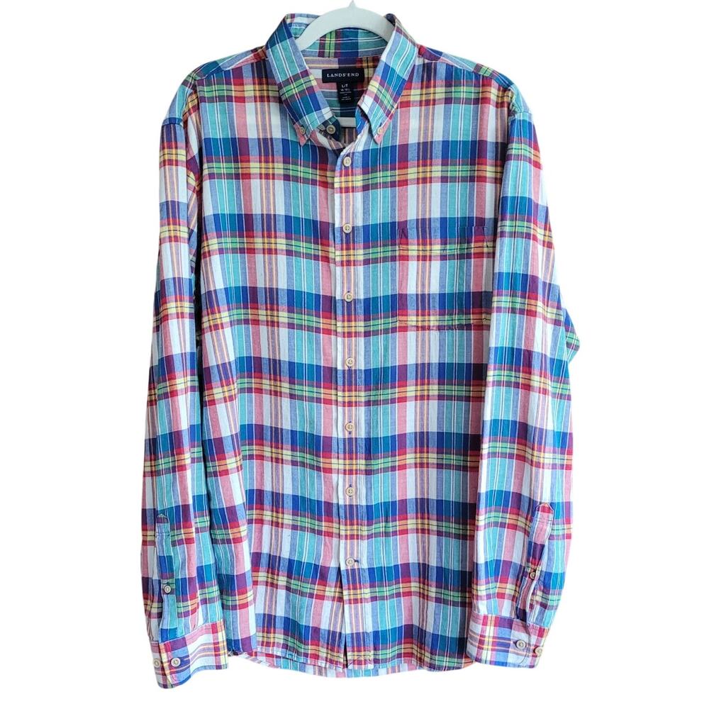 Lands' End Plaid Button Front Shirt Multicolor Preppy Classic Casual Large Tall